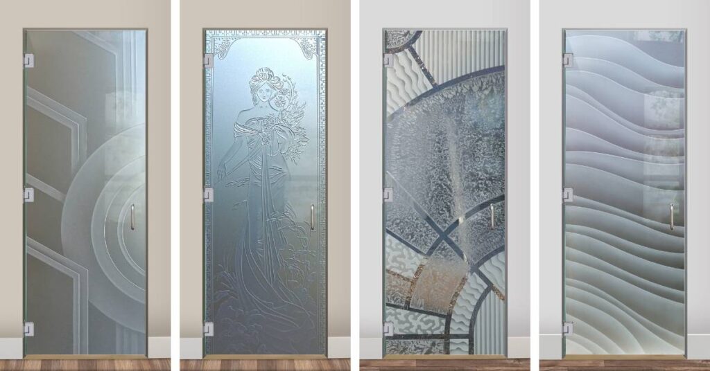 Frameless frosted glass interior door designs featuring geometric patterns, artistic carved glass, and modern wavy textures.
