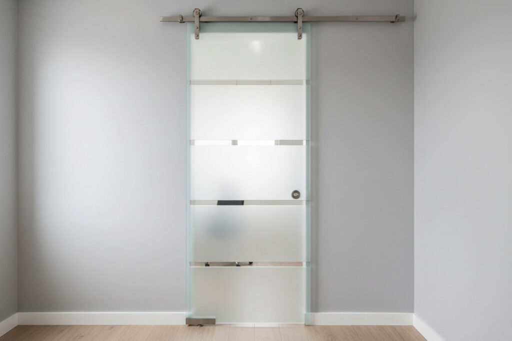 Modern glass barn door installed in a small living space, showing how sliding glass saves floor area