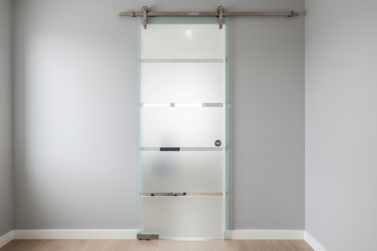 Modern glass barn door installed in a small living space, showing how sliding glass saves floor area