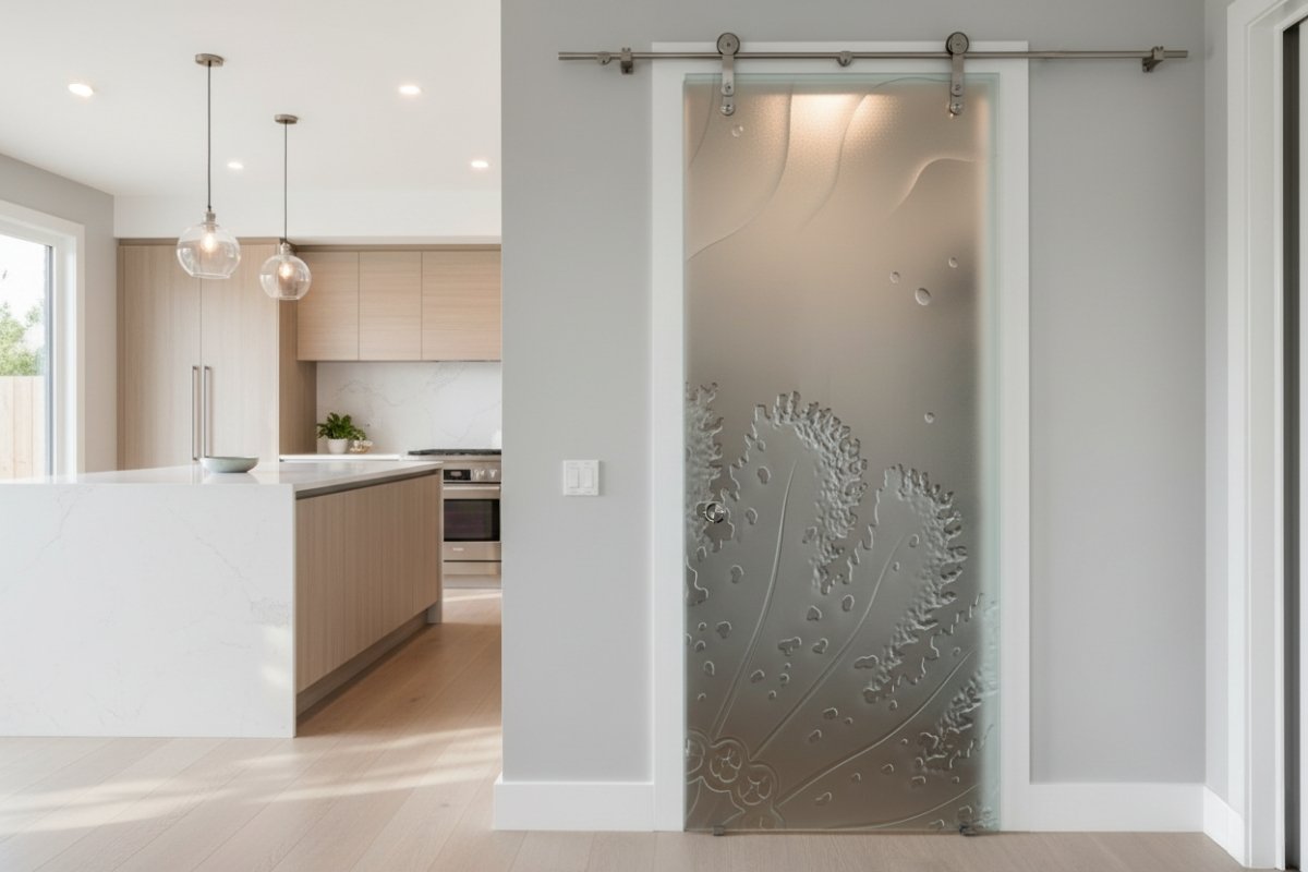 Decorative glass barn doors designed for small kitchens with limited wall space