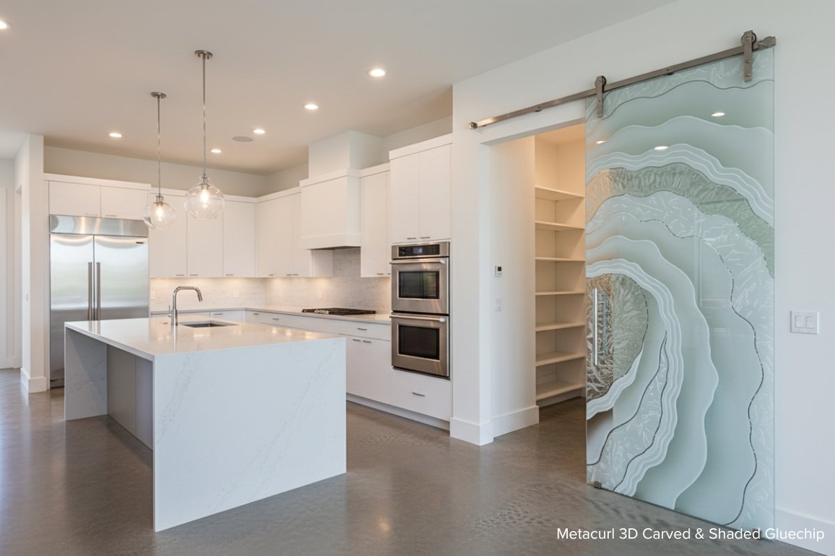 Gluechip glass barn door showing semi-private frosted texture for tight hallways