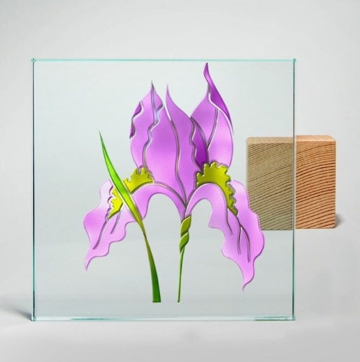 sample swatch of a 3D painted carved design on a clear glass finish for interior glass doors