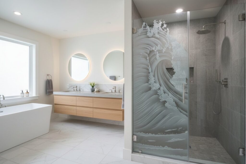 Frosted glass shower door providing art in a bright, minimalist bathroom