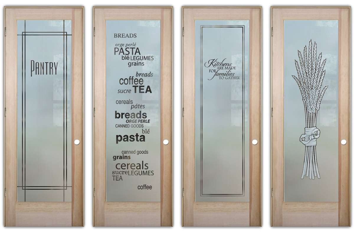 Contemporary glass pantry doors with texts and pantry elements