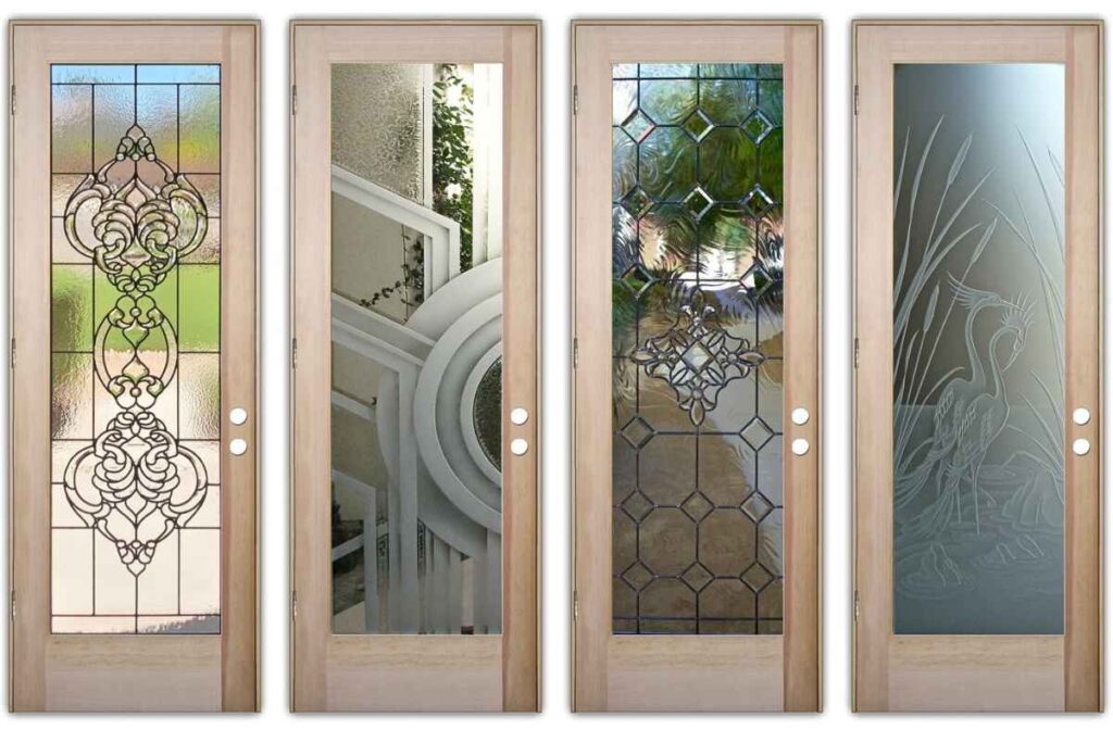 Glass front doors by Sans Soucie showcasing frosted and carved designs that combine privacy, natural light, and modern curb appeal.