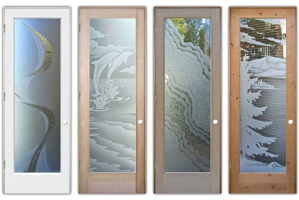 Assorted Sans Soucie glass front doors demonstrating different privacy levels, from frosted patterns to detailed etched artwork.