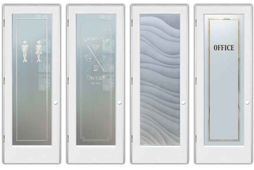 Sans Soucie Art Glass handcrafted frosted glass bathroom doors.