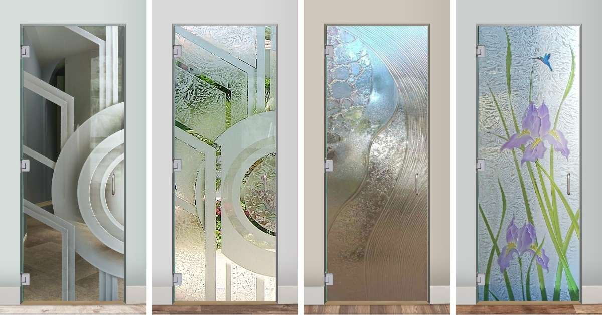Frameless interior glass doors with frosted, textured, etched, and hand-painted designs used as functional art throughout the home