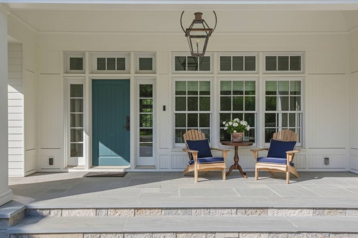 Front porch with a teal front door, white trim, narrow sidelights, transom windows, and matching exterior seating.