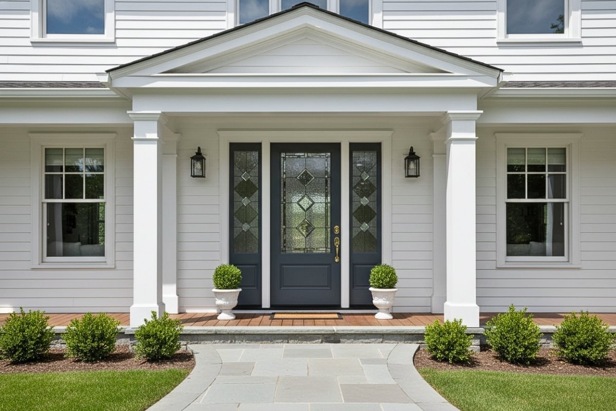 Transitional fiberglass door with with contemporary decorative glass