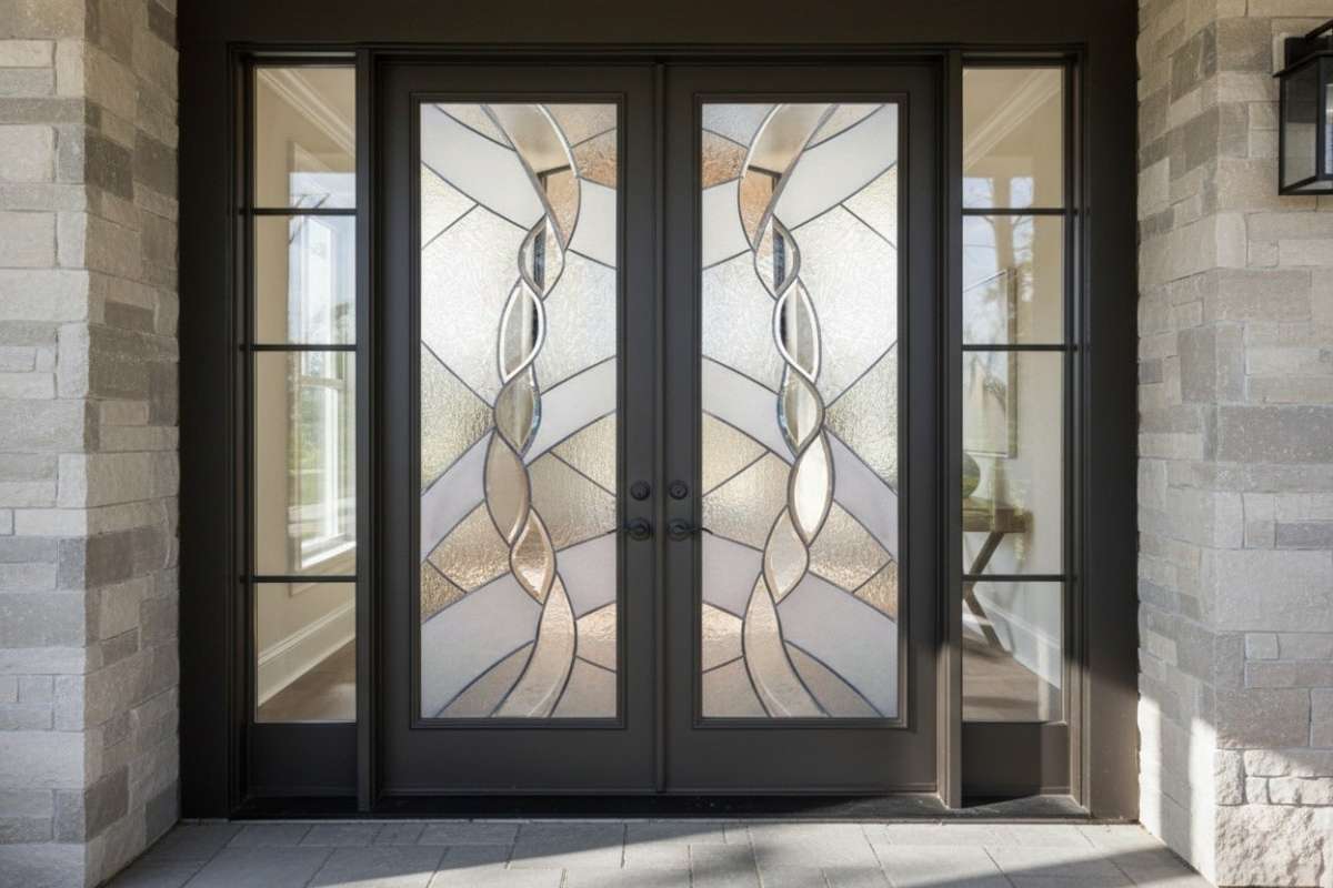 Double doors with modern stained glass inserts