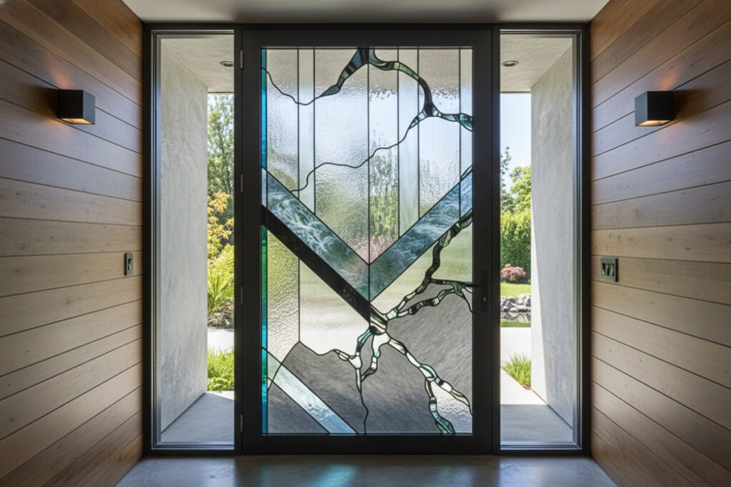 modern glass front door with oversized stained glass insert and artwork