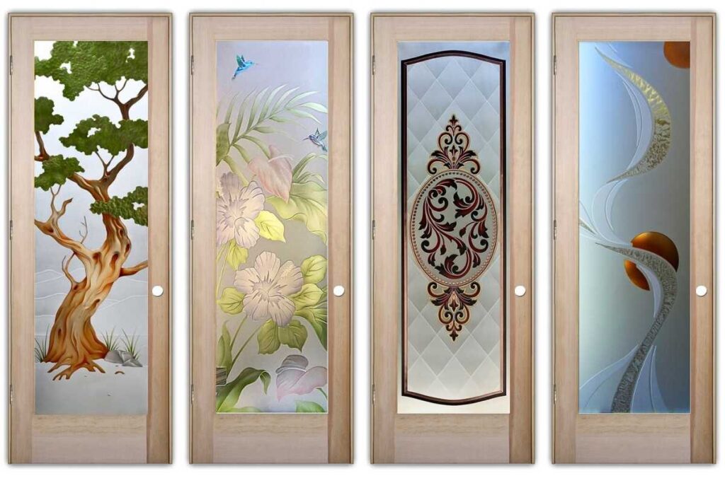 Decorative frosted glass pantry doors with painted floral, nature, and abstract designs in unfinished natural wood prehung doors ready for paint.