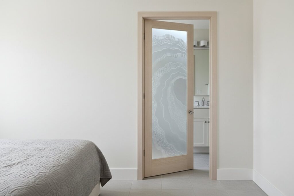 An inward-opening carved glass bathroom door