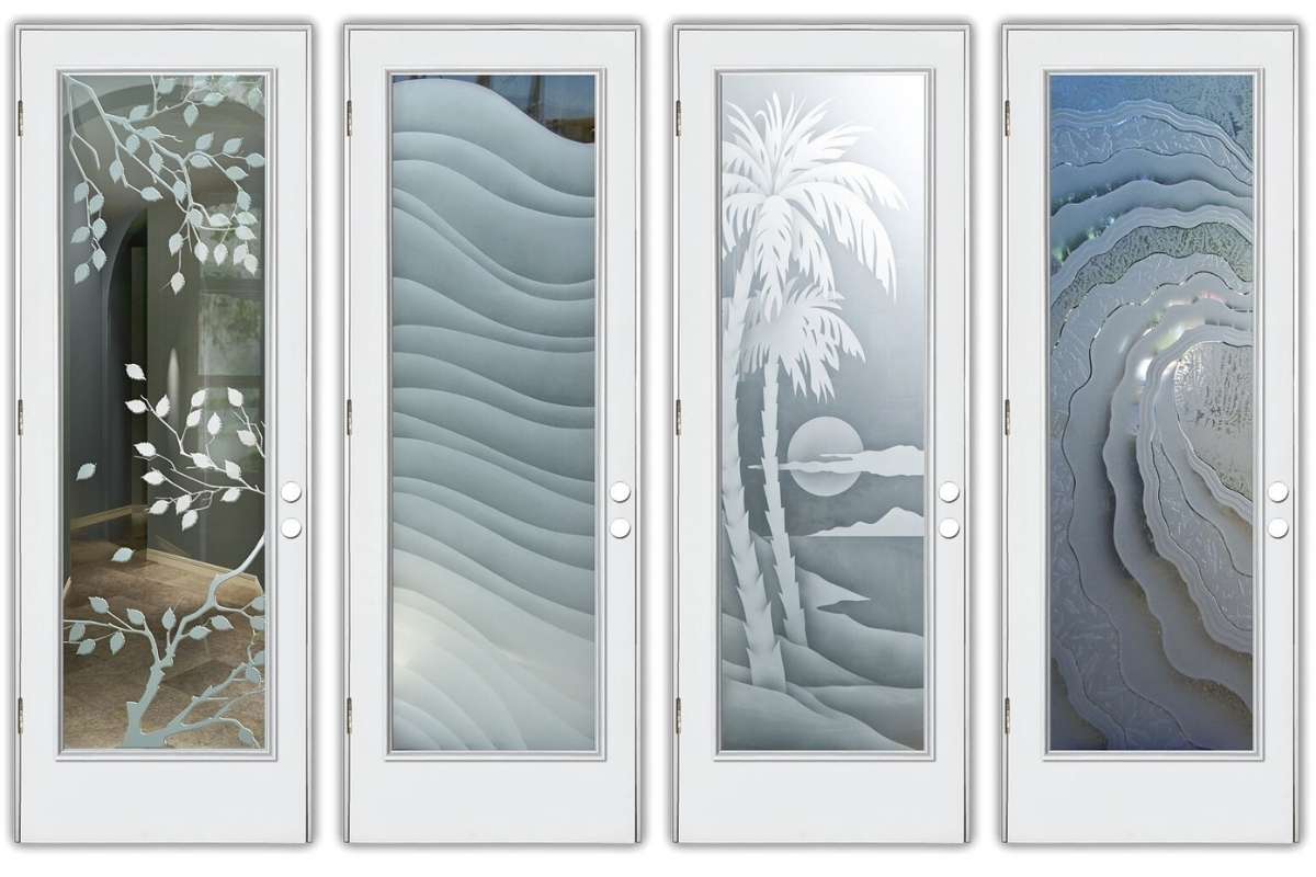 Premium fiberglass entry doors with frosted glass handcrafted by Sans Soucie Art Glass