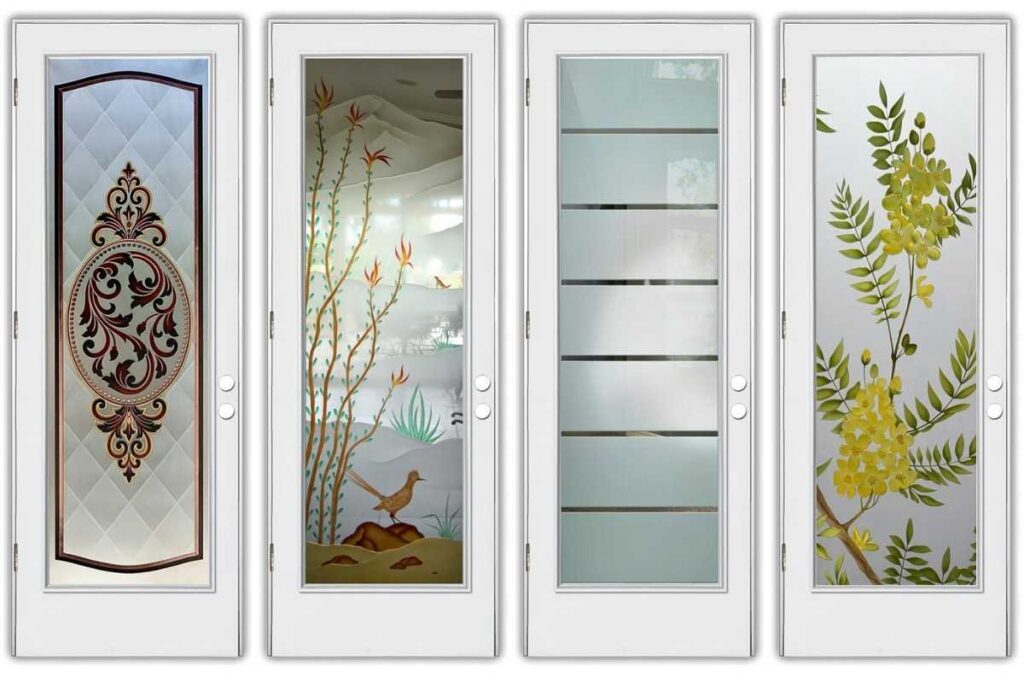 fiberglass entry doors with glass by Sans Soucie Art Glass-full doors