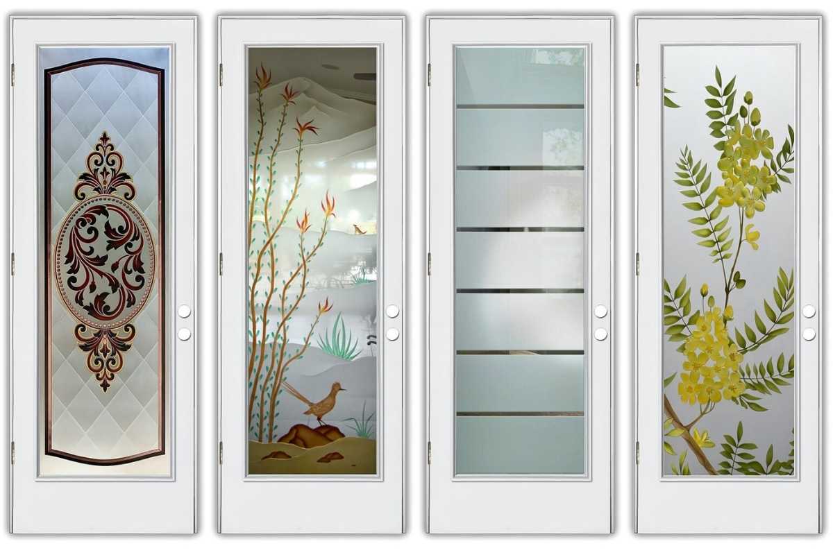 Fiberglass entry doors with frosted glass panels handcrafted by Sans Soucie Art Glass for a modern front entry