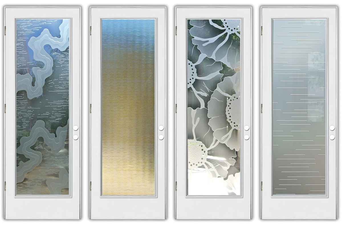 Custom fiberglass entry doors with frosted glass panels handcrafted by Sans Soucie Art Glass for a modern front entry