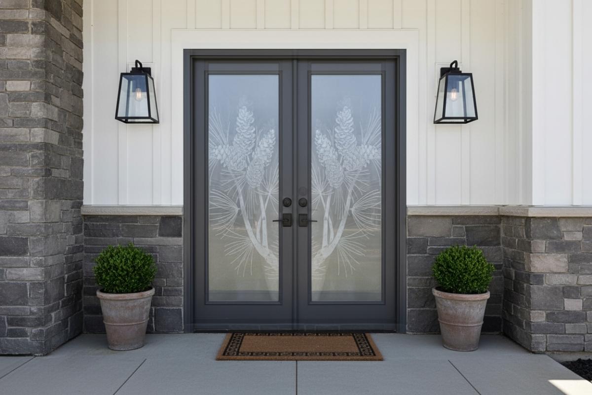 Frosted glass double front doors with frosted pine cone design and etched botanical artwork