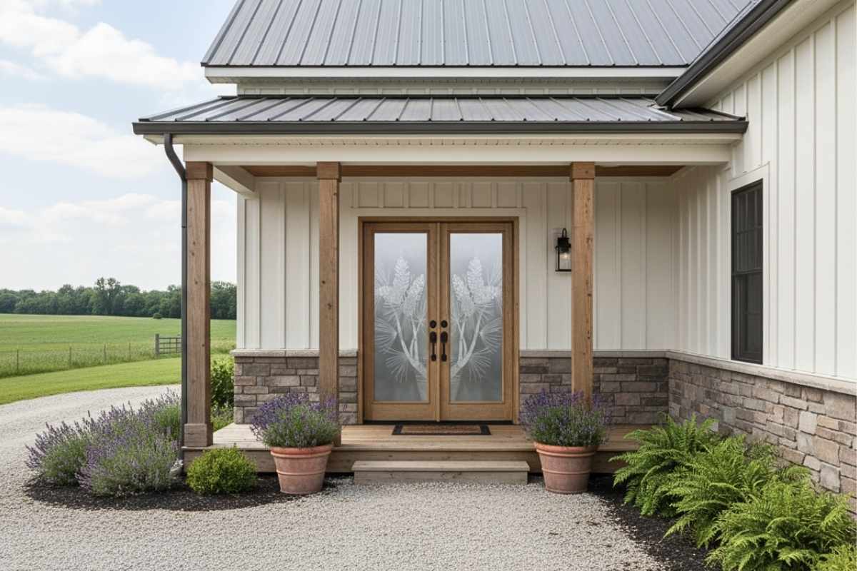 Farmhouse-style fiberglass entry door with frosted glass and Reed texture
