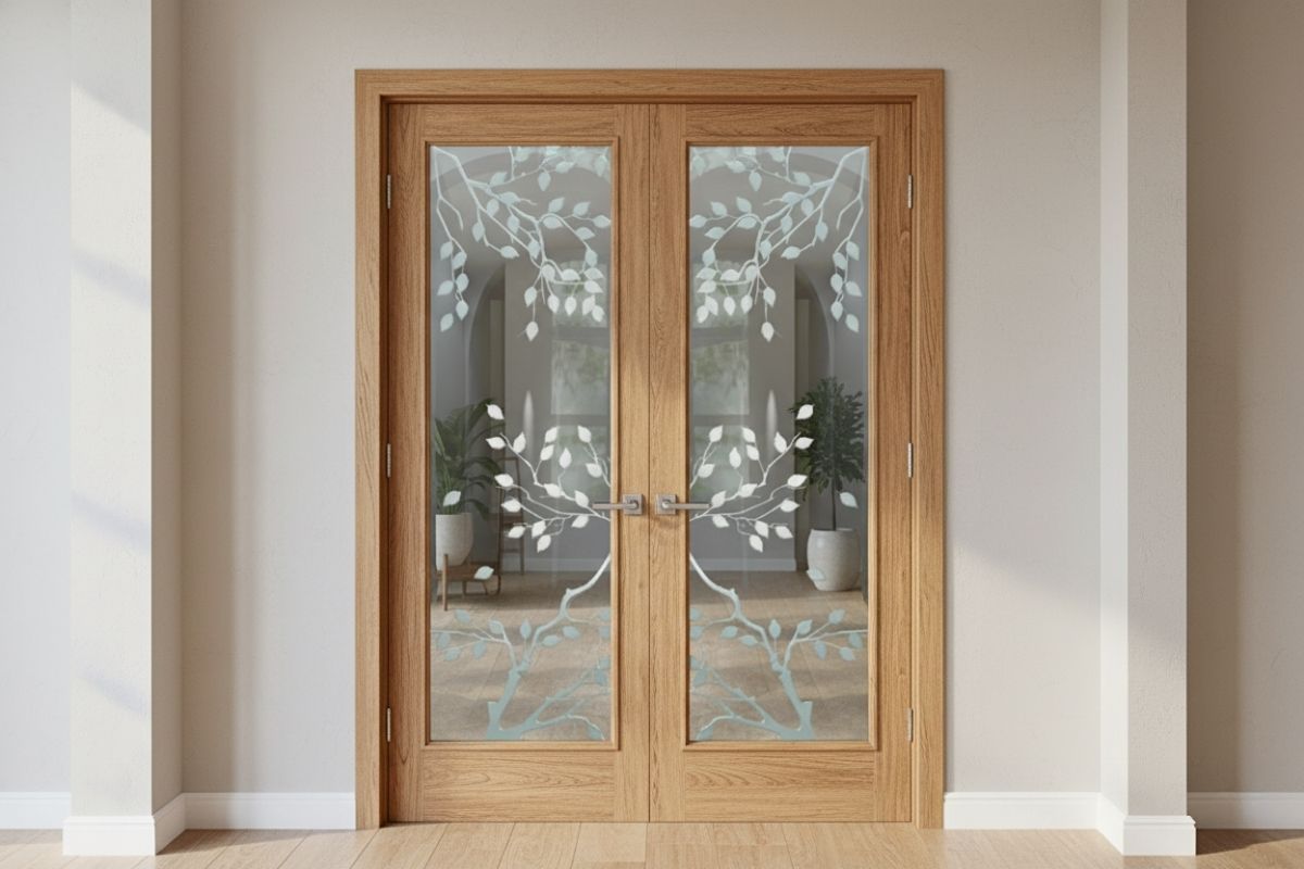 Transitional glass door with nature-inspired design.