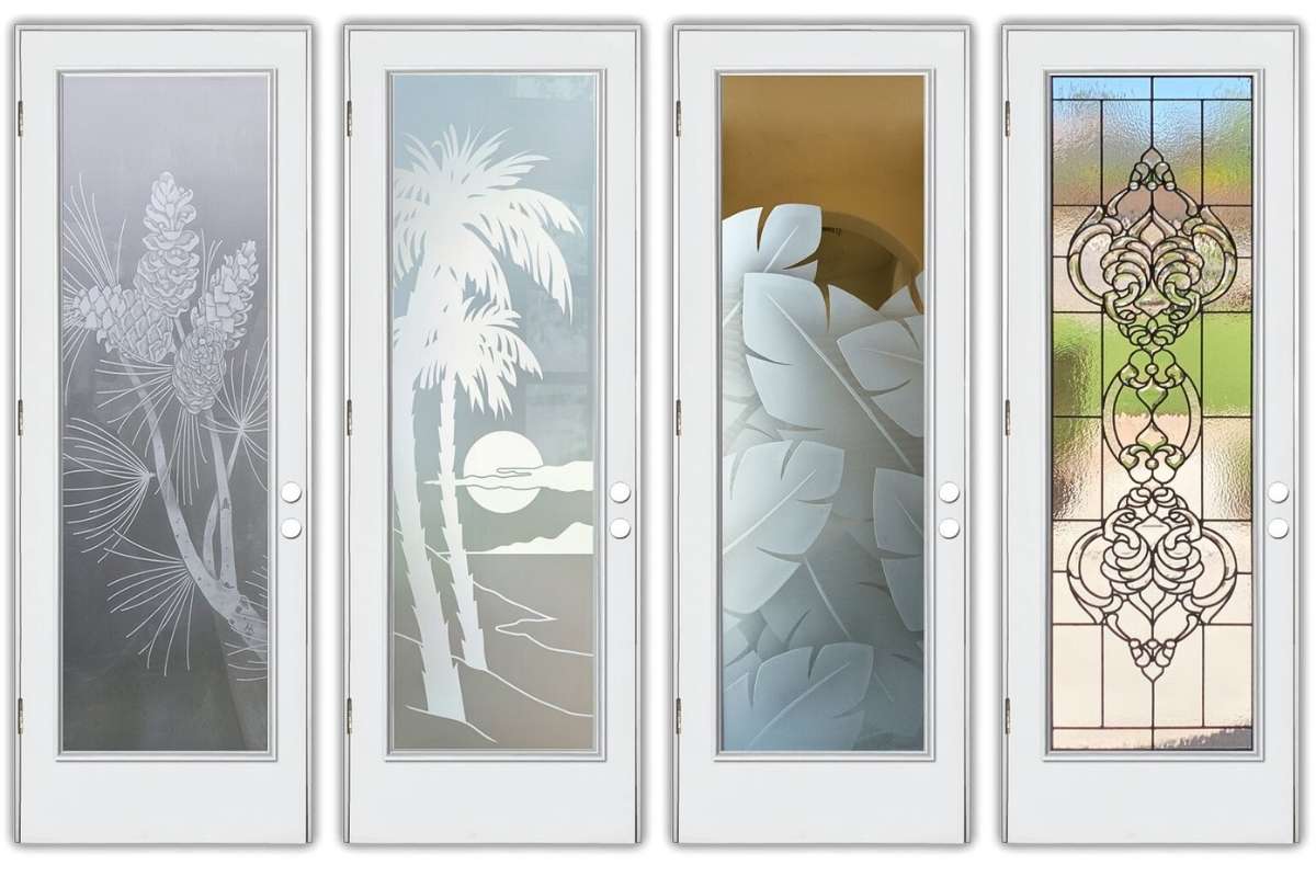 Collage of fiberglass entry doors with glass in modern, traditional, and farmhouse styles showing different textures and finishes