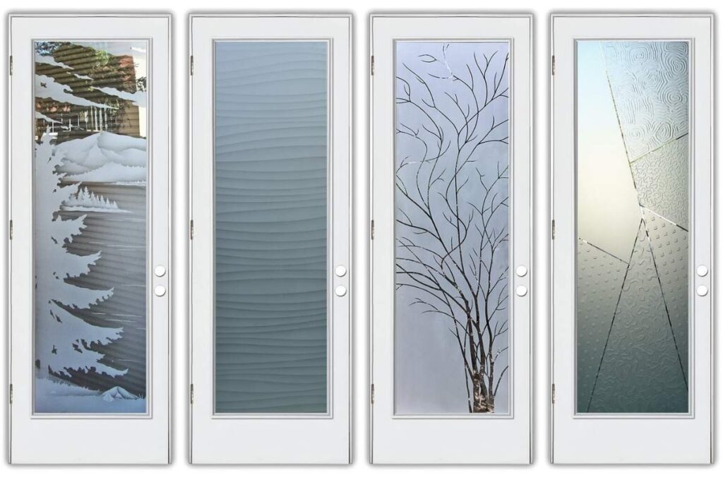 Custom glass front doors featuring frosted, textured, and 3D carved designs for homeowners wanting style and privacy.