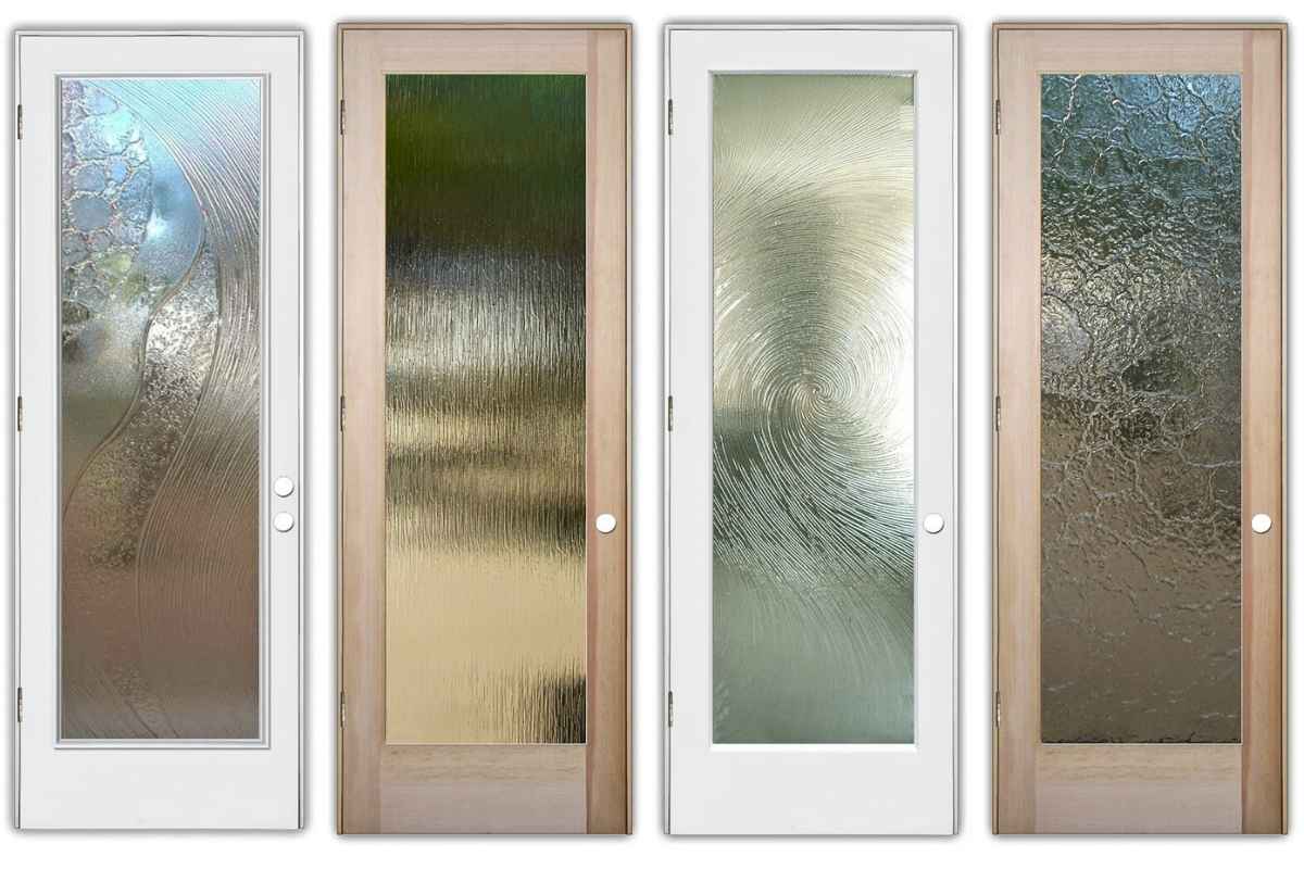 Textured glass doors featuring various patterns like rain, reed, and hammered glass for built-in privacy without decorative designs