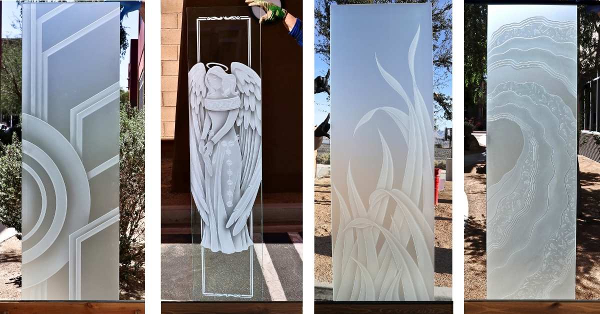 Etched glass and carved glass panels featuring intricate designs, including abstract patterns, an angel, and natural motifs.