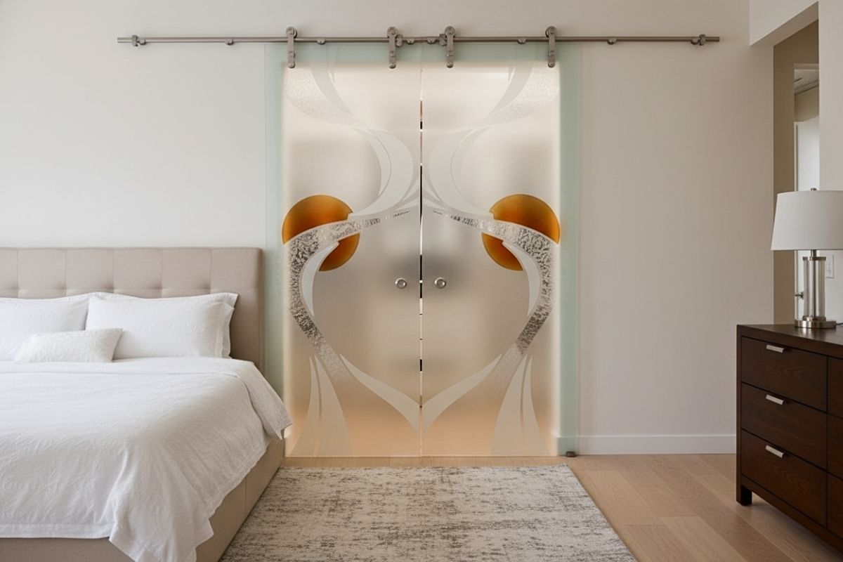 Double frosted glass barn doors with an abstract ribbon and copper moon design on a sliding track in a bedroom.