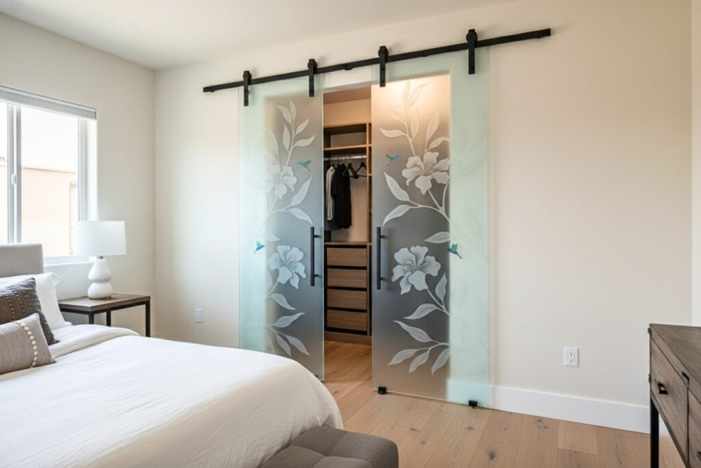 double frosted glass barn doors for rustic farmhouse style interior