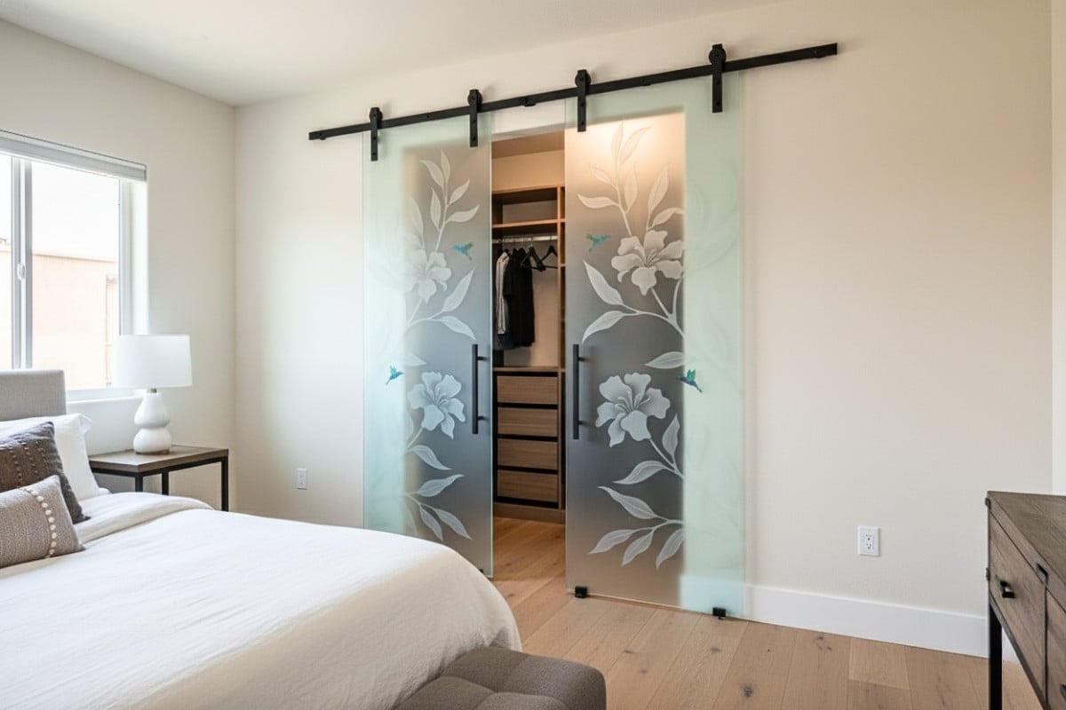 Bedroom showing upgraded closet sliding barn doors as an alternative to replace bifold closet doors