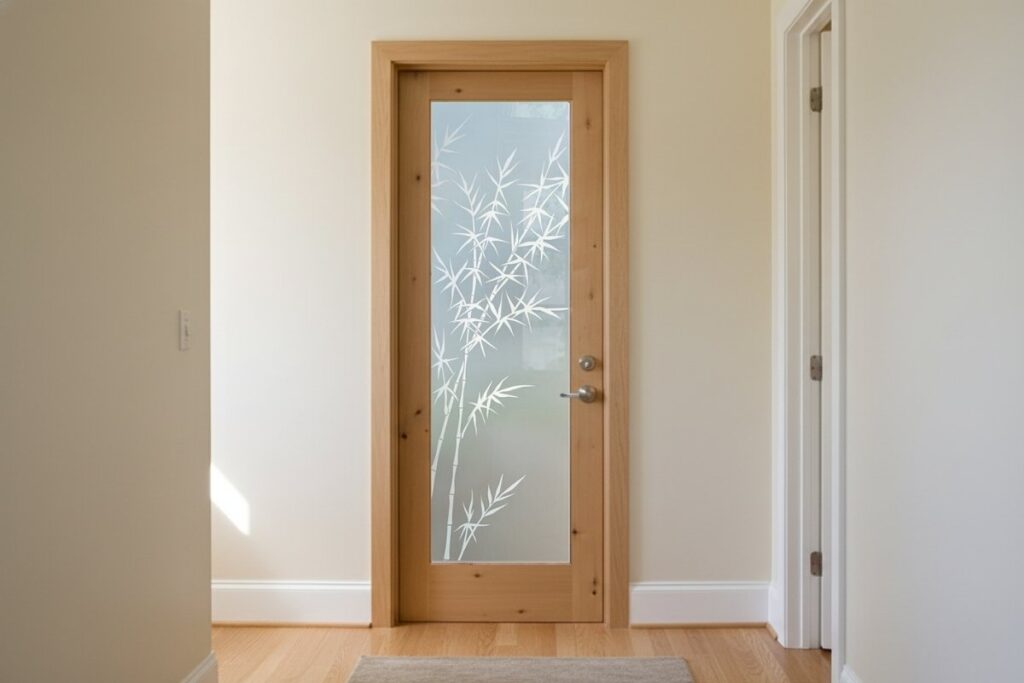 Wood-framed frosted glass office door with bamboo design creates a warm private workspace while still sharing natural light.