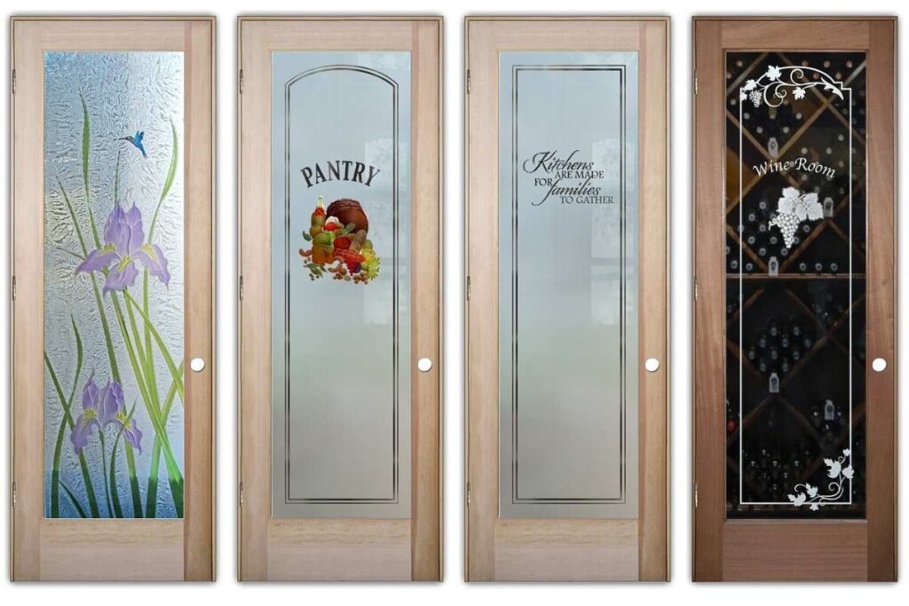 Textured decorative glass interior doors with etched designs and architectural glass privacy finish by Sans Soucie Art Glass.