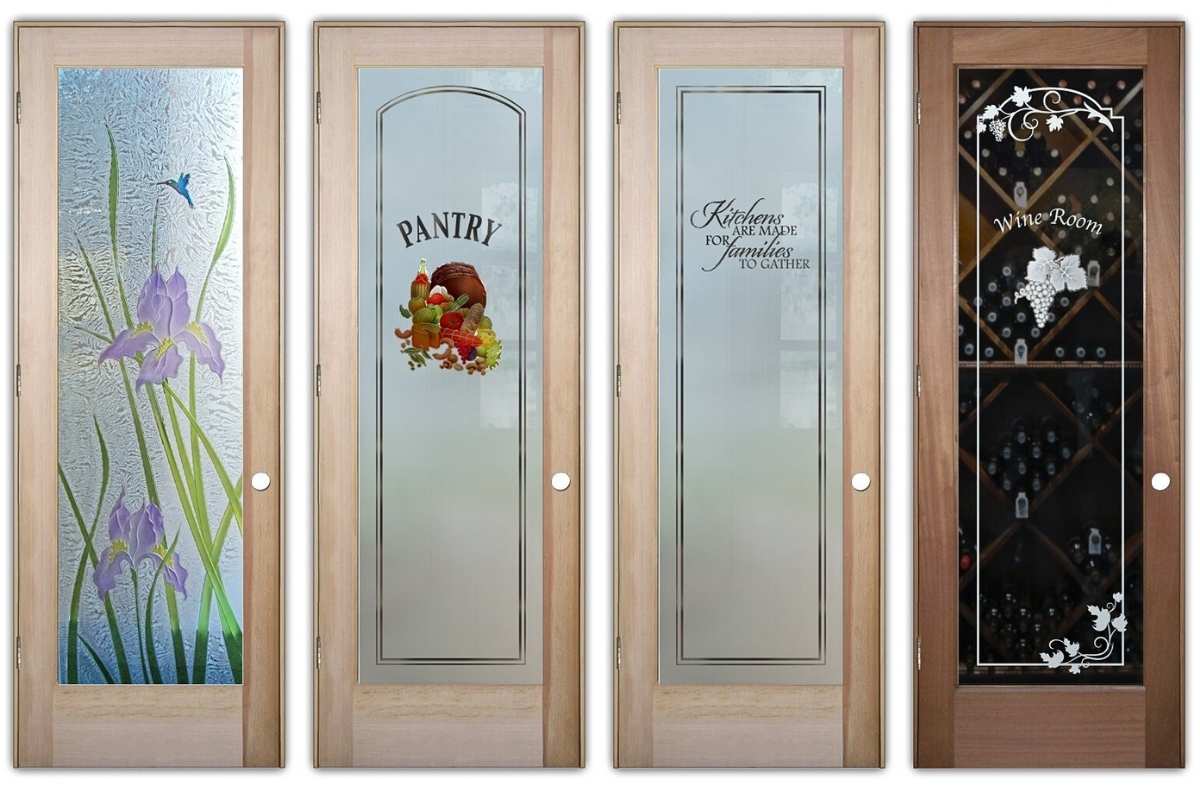 Textured decorative glass interior doors with etched designs and architectural glass privacy finish by Sans Soucie Art Glass.