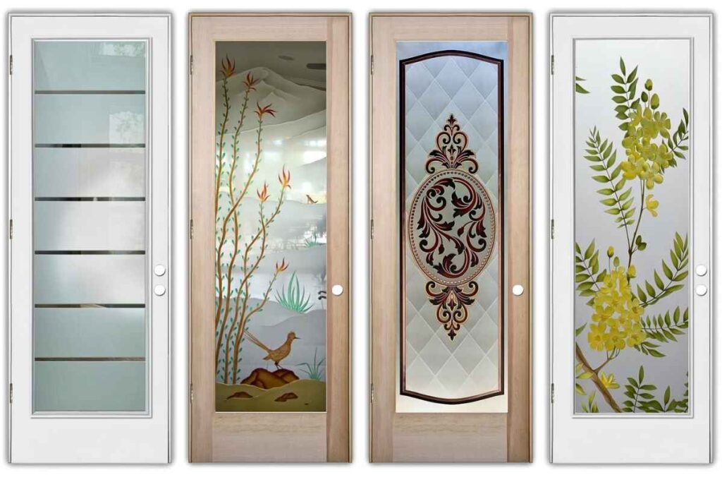 Interior wood doors with frosted glass inserts from Sans Soucie Art Glass