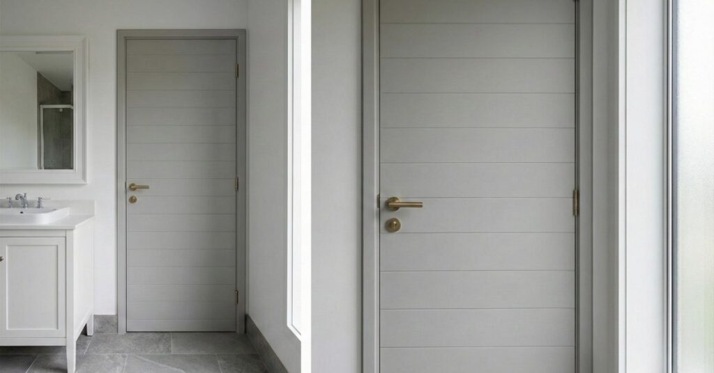 Solid Modern Panel Door for bathroom. Affordable bathroom door idea using a hollow-core door for quick and cost-effective upgrades.