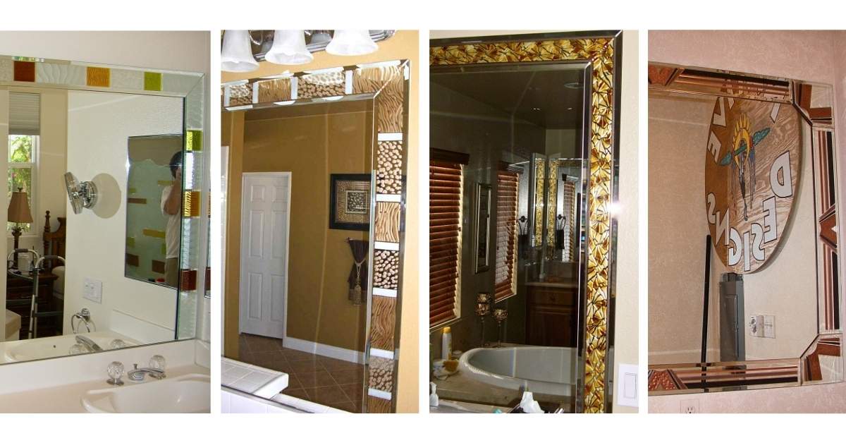 Collection of custom art glass mirrors with decorative etched and textured borders