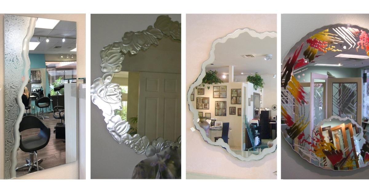 Collage of custom art glass mirrors featuring etched, carved, and painted designs