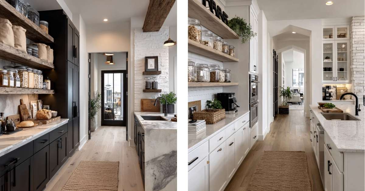 Open pantry with neatly arranged shelves for quick, easy access.