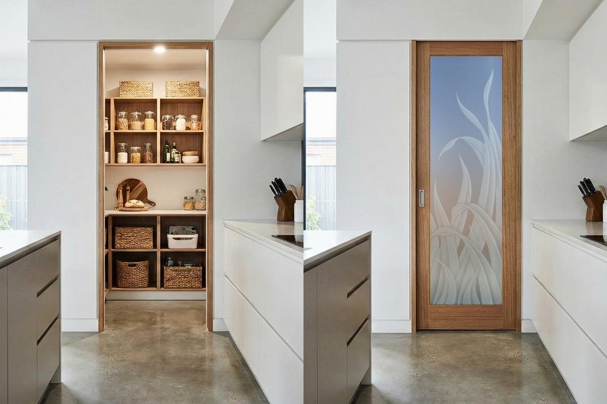 Before-and-after comparison of an open pantry and a glass pantry door with etched grass design in a wood frame installed in a modern minimalist kitchen with white cabinetry and concrete flooring