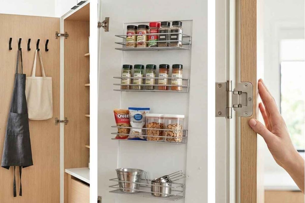 Inside view of a pantry door showing storage hooks, spice racks, and soft-close hinges for added functionality.