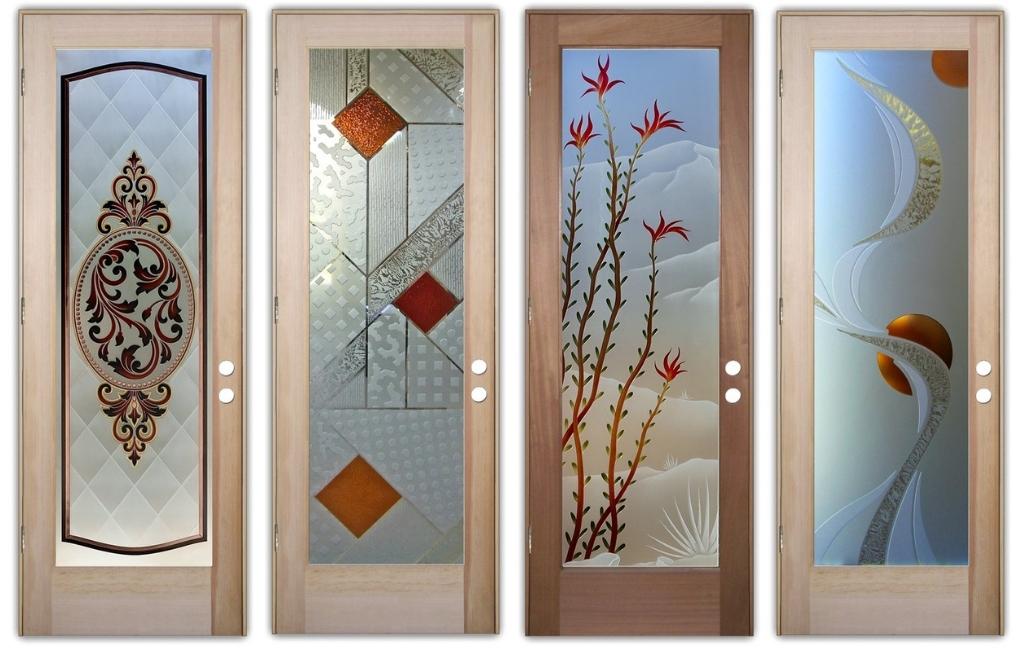 Stunning glass doors with ornate scrollwork, beveled carving look, and timeless motifs.