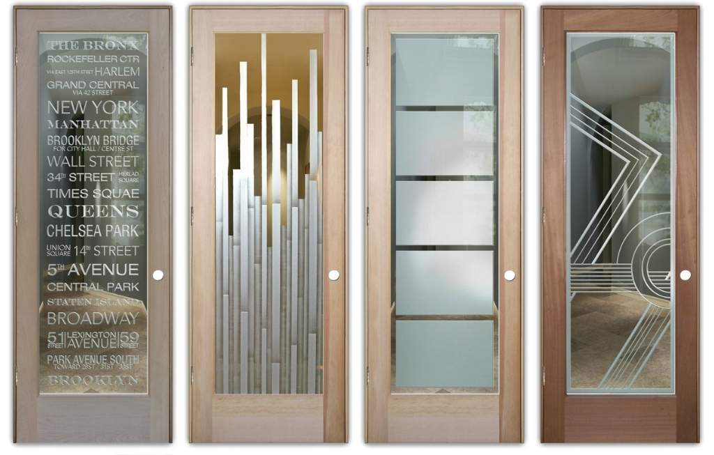 Office interior glass doors with design from Sans Soucie Art Glass.