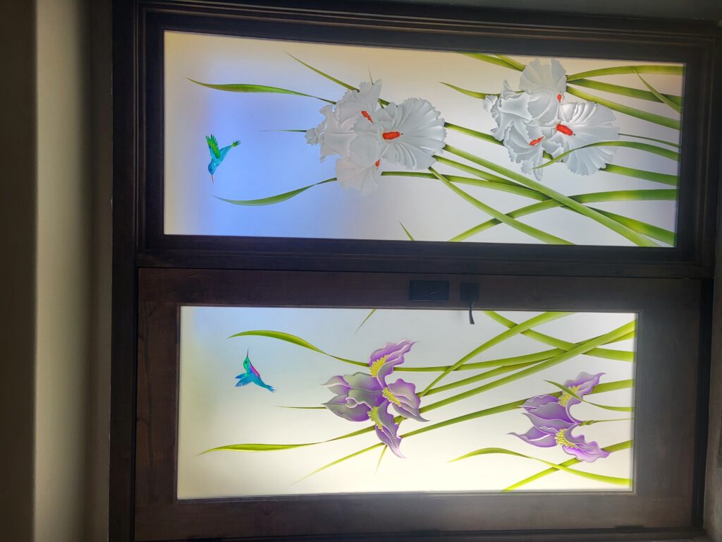 Decorative glass door and window iris flowers with hummingbirds