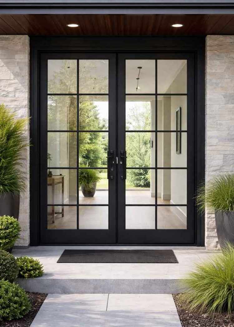 Industrial black grids glass front door