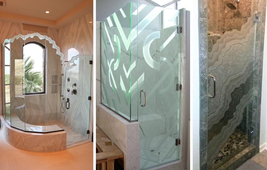 Frameless frosted glass shower doors with design, partially frosted shower doors.