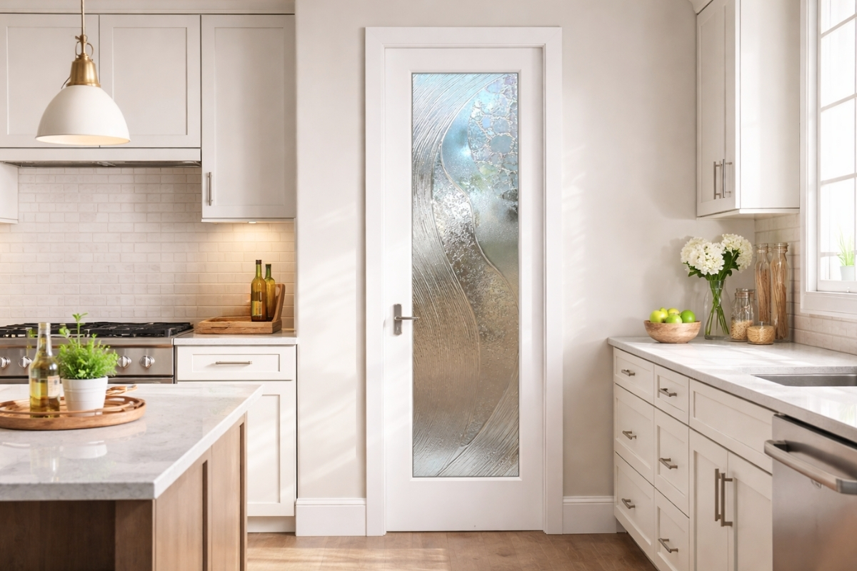 Decorative frosted interior glass doors featuring flowing organic etched patterns that bring artistic movement to a bright, modern kitchen