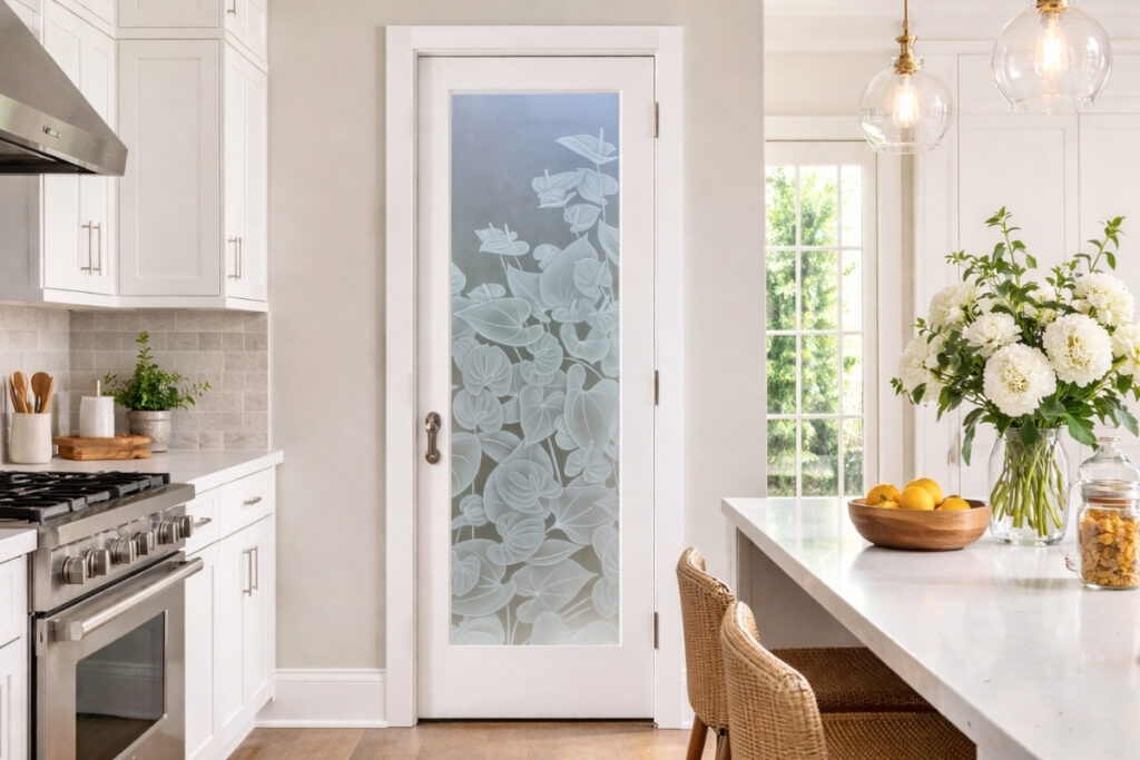 Frosted floral textured glass pantry door bringing classic artistry, soft light, and enduring style to an upscale kitchen space.