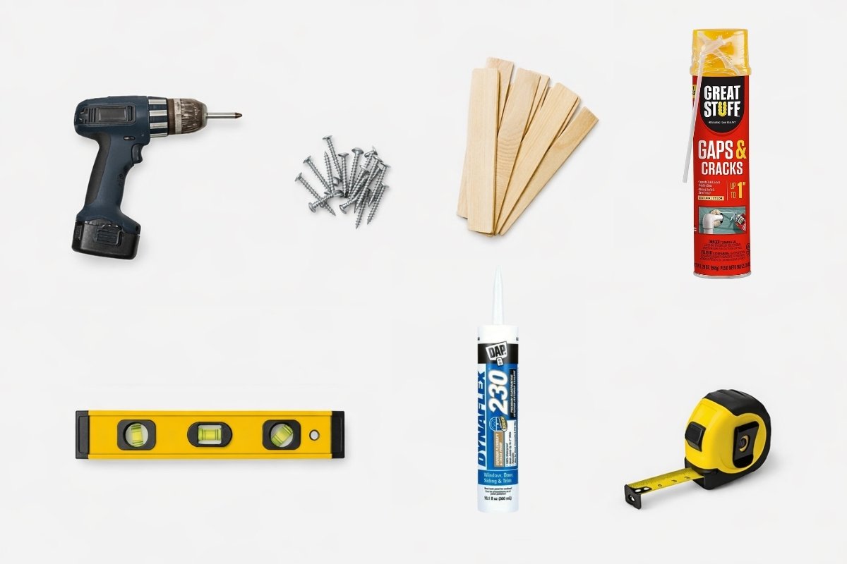 Tools and materials for front door replacement, including a power drill with screws, wooden shims, expanding foam insulation, a spirit level, exterior-grade caulk, and a measuring tape, all arranged on a clean white background.